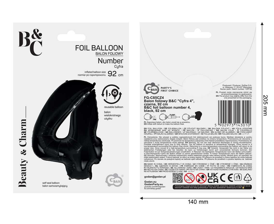 Foil balloon B&C digit 4, black, 92 cm